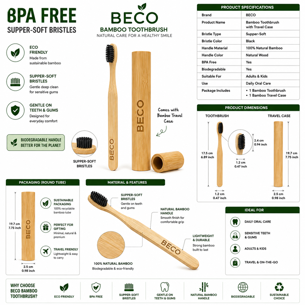 BECO Bamboo Toothbrush| BPA-Free | Super-Soft Bristles