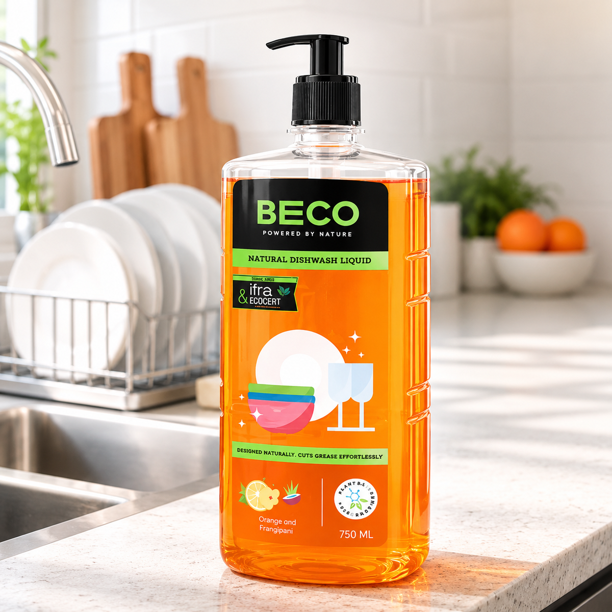 BECO Natural Dishwash Liquid | Orange & Frangipani | Plant-Based Dish Cleaning Liquid | 750 ml