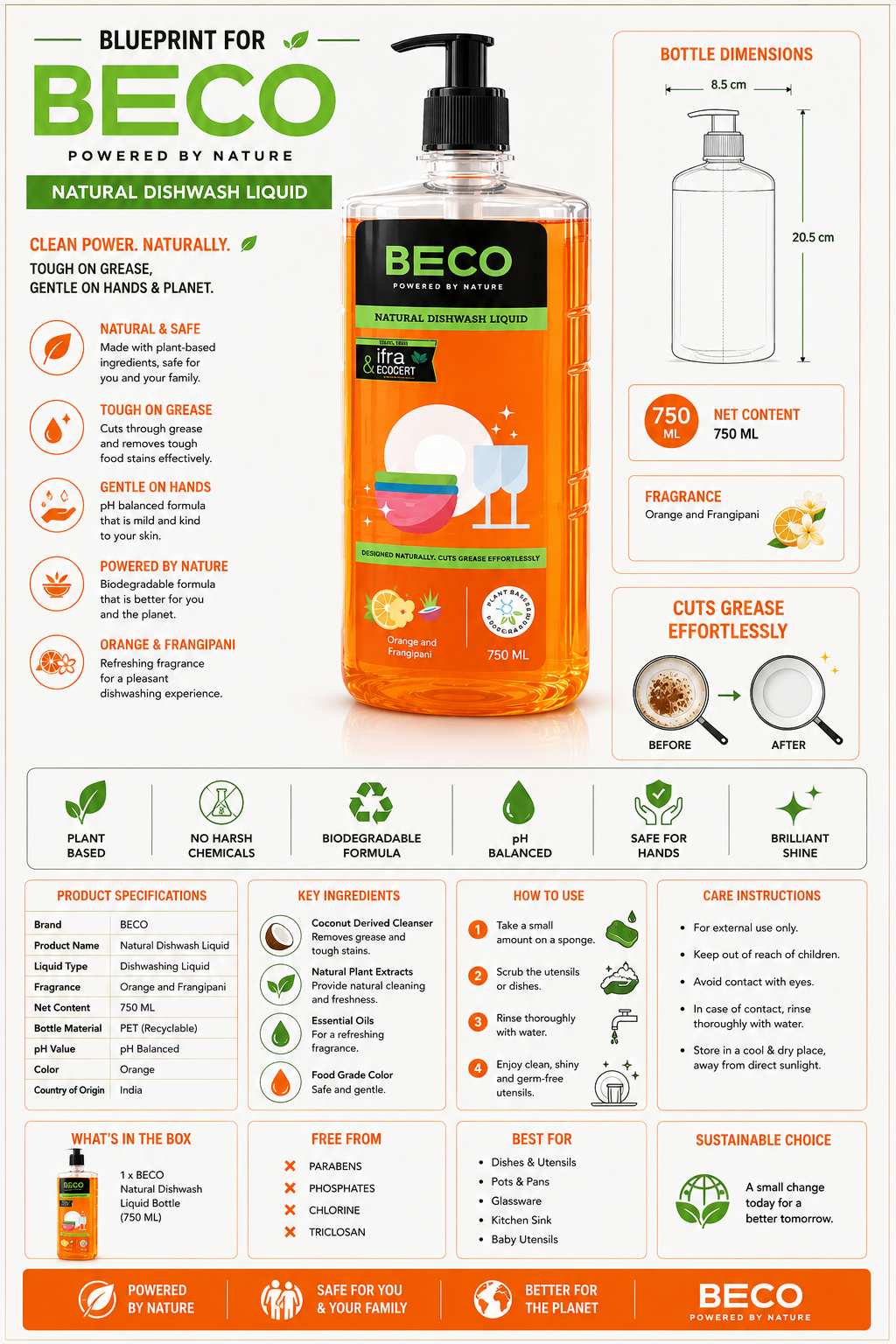 BECO Natural Dishwash Liquid | Orange & Frangipani | Plant-Based Dish Cleaning Liquid | 750 ml