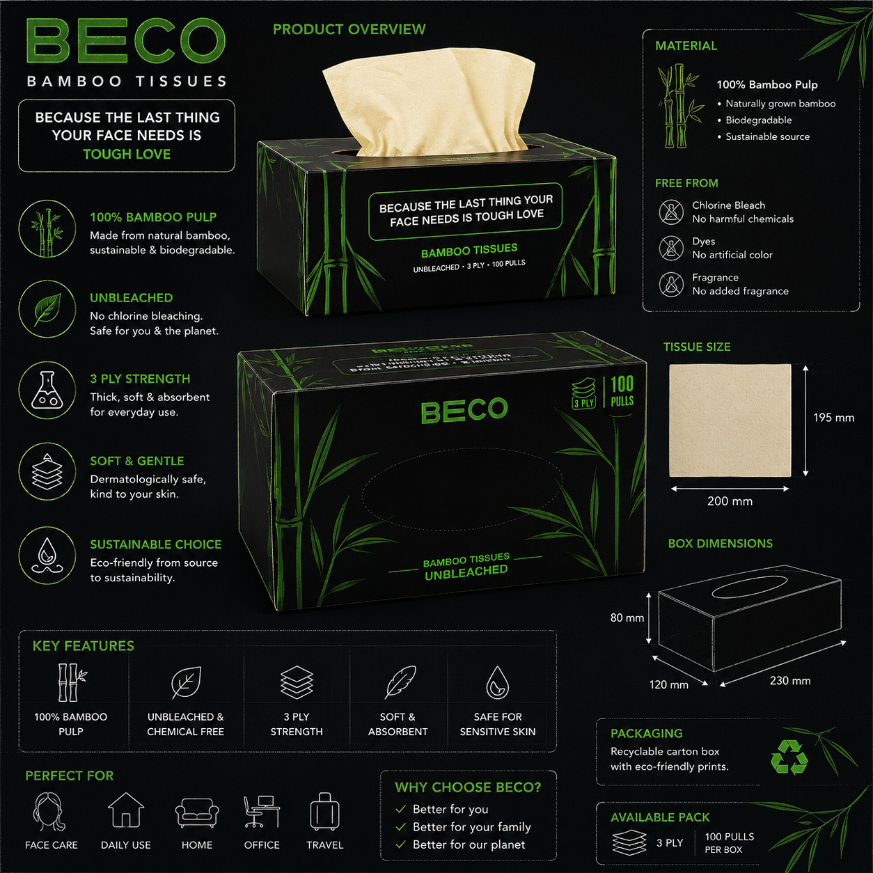 BECO Bamboo Tissues – 3 Ply, 100 Pulls