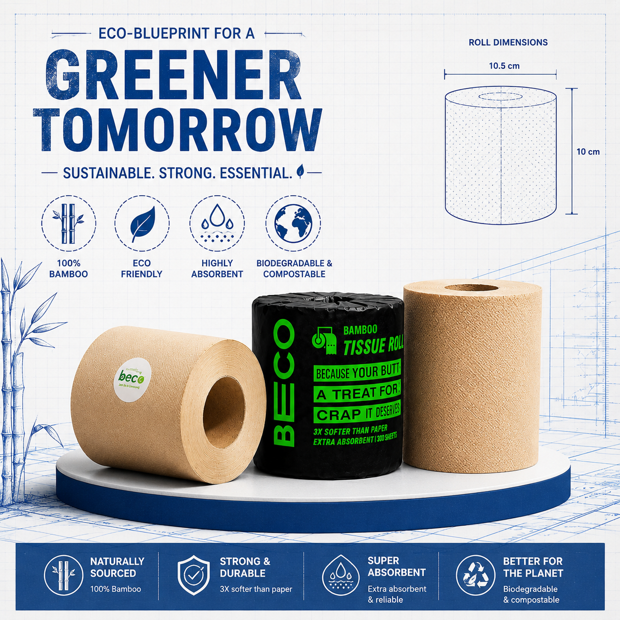 BECO Premium Bamboo Toilet Tissue Roll – 3 Ply | Eco-Friendly & Biodegradable