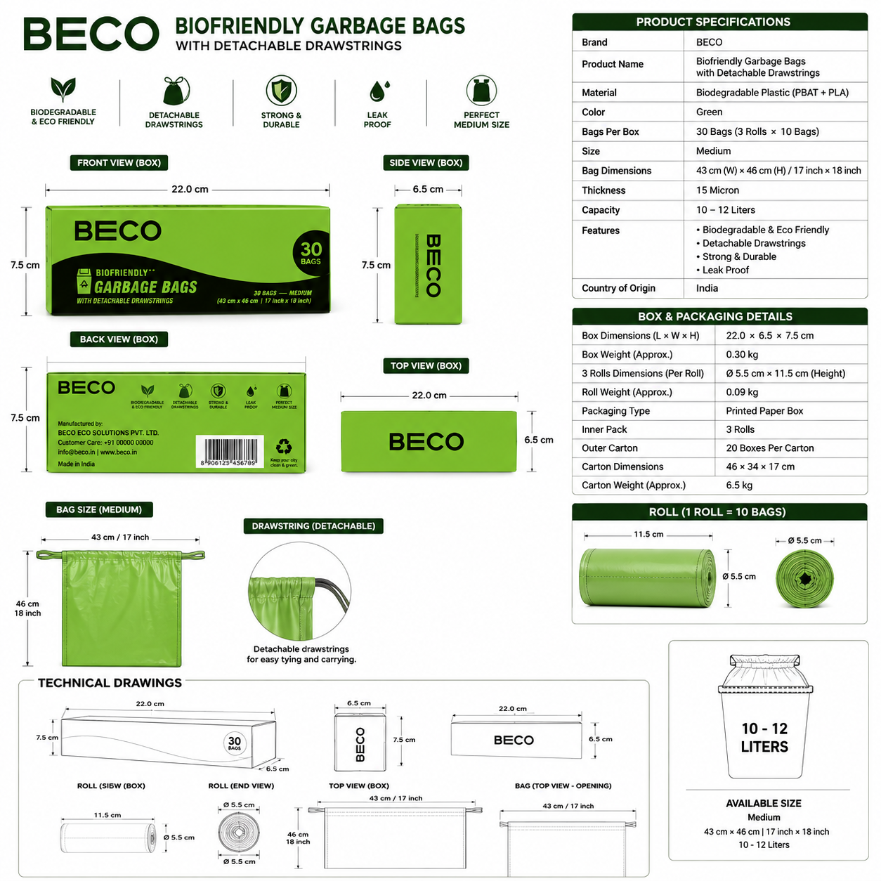 BECO Biofriendly Garbage Bags with Detachable Drawstrings